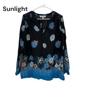 LOFT Women SZ Small Semisheer Floral Black & Blue Long-Sleeve Tunic Top Blouse